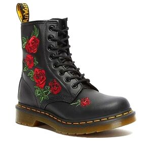 Dr. Martens Black Leather Boots with Red Rose Embroidery